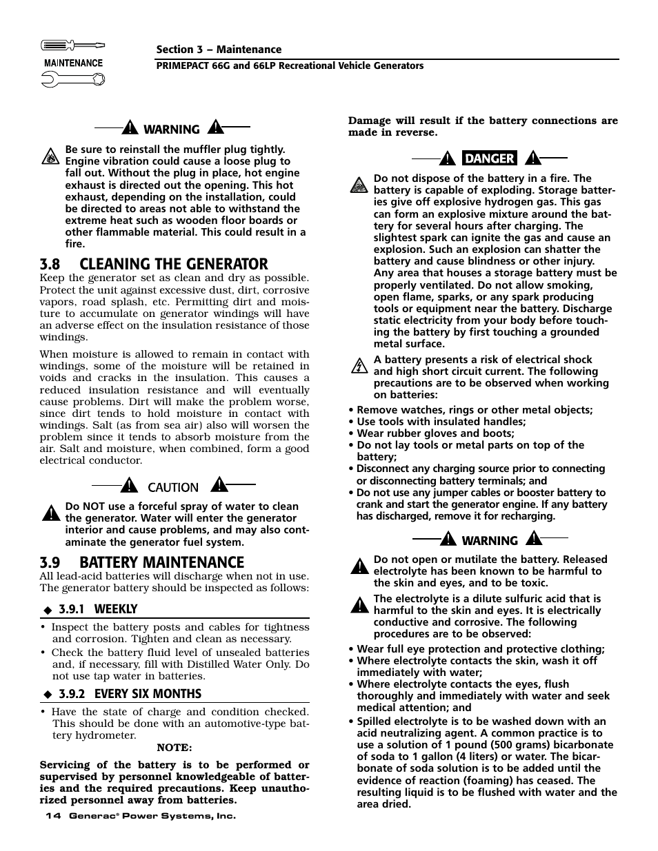 8 cleaning the generator, 9 battery maintenance | Generac Power Systems 009600-5 User Manual | Page 16 / 60