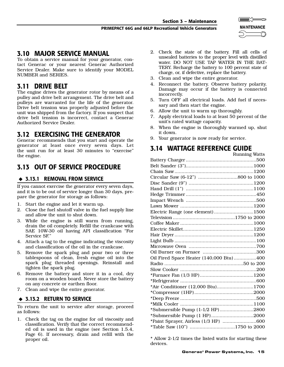 10 major service manual, 11 drive belt, 12 exercising the generator | 13 out of service procedure, 14 wattage reference guide | Generac Power Systems 009600-5 User Manual | Page 17 / 60
