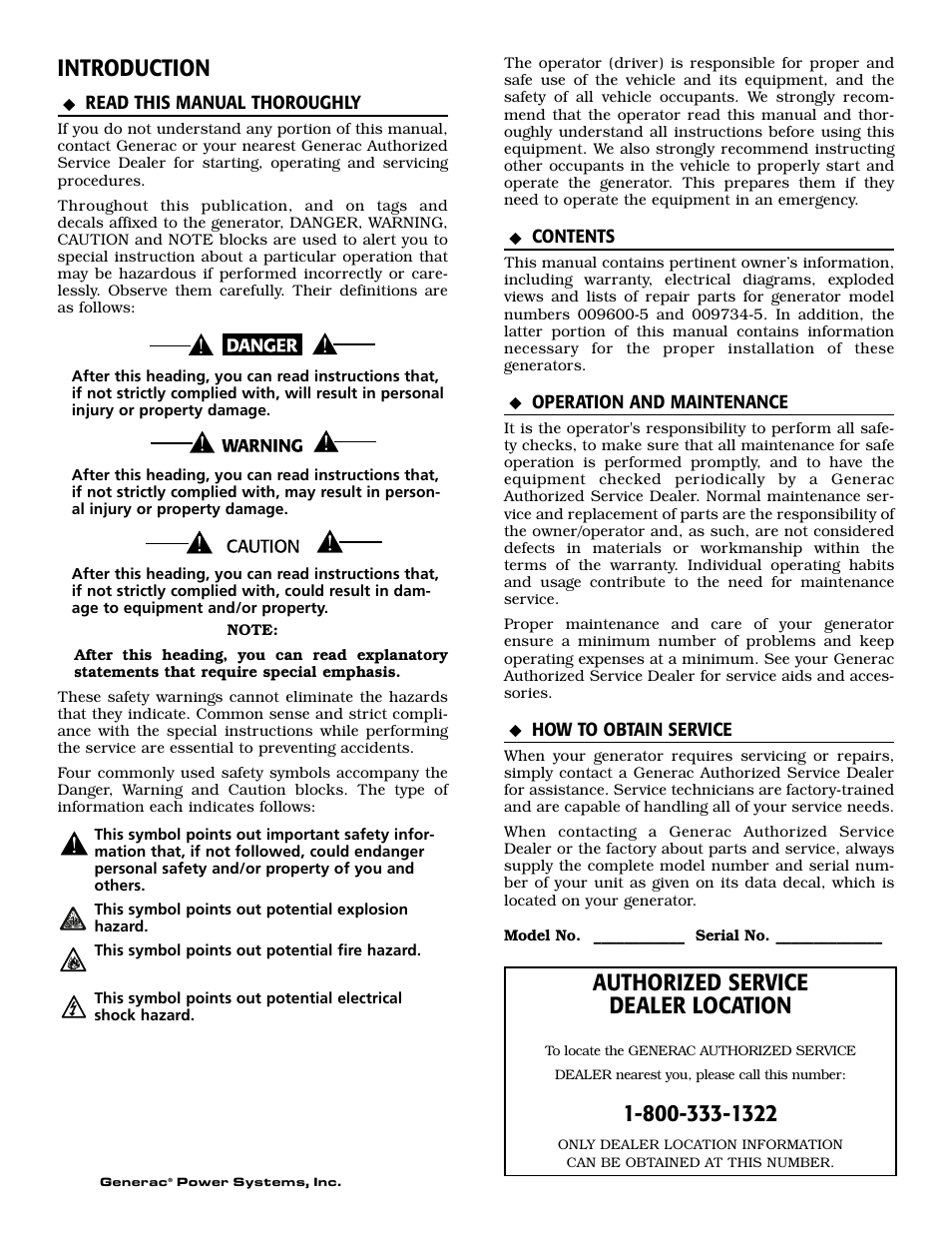 Introduction, Authorized service dealer location | Generac Power Systems 009600-5 User Manual | Page 2 / 60