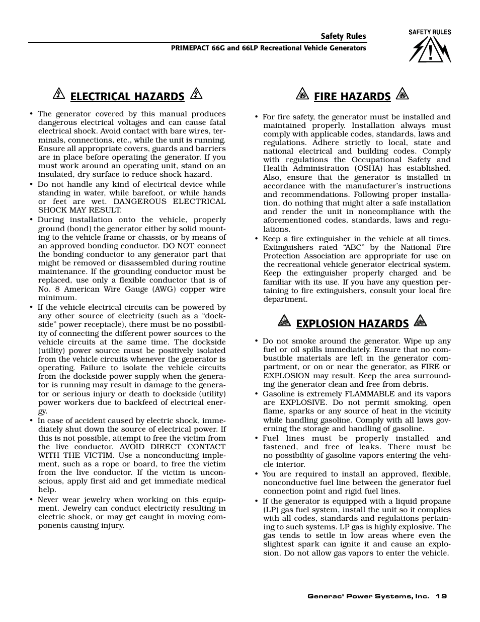 Electrical hazards, Fire hazards, Explosion hazards | Generac Power Systems 009600-5 User Manual | Page 21 / 60