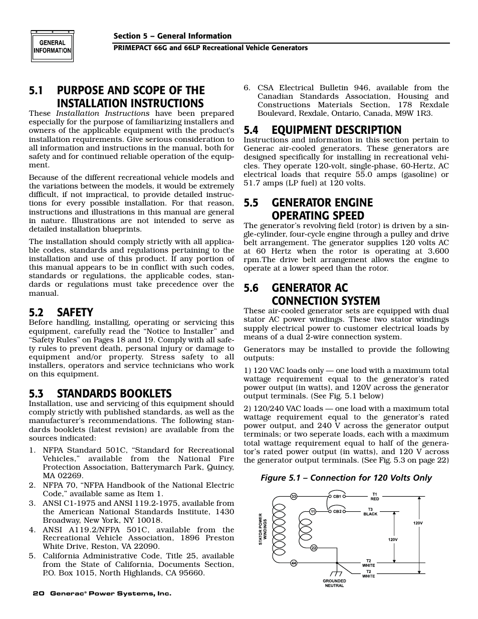 2 safety, 3 standards booklets, 4 equipment description | 5 generator engine operating speed, 6 generator ac connection system | Generac Power Systems 009600-5 User Manual | Page 22 / 60