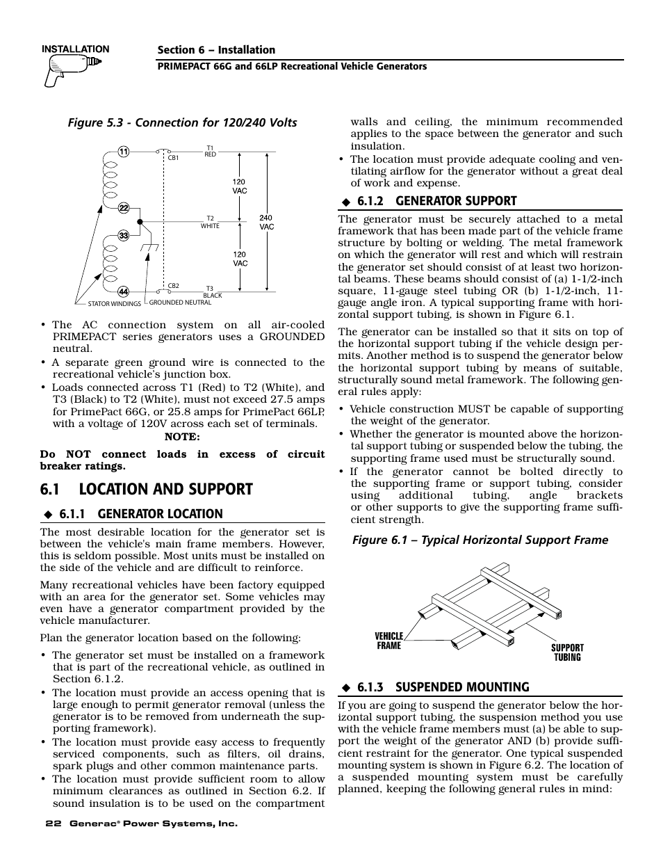 1 location and support, 1 generator location, 2 generator support | 3 suspended mounting | Generac Power Systems 009600-5 User Manual | Page 24 / 60