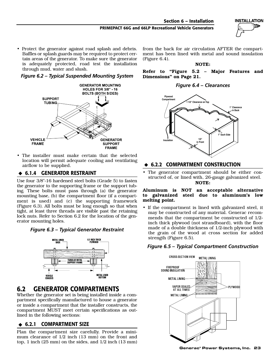 2 generator compartments, 4 generator restraint, 1 compartment size | 2 compartment construction | Generac Power Systems 009600-5 User Manual | Page 25 / 60