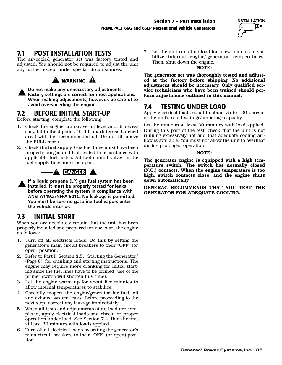1 post installation tests, 2 before initial start-up, 3 initial start | 4 testing under load | Generac Power Systems 009600-5 User Manual | Page 37 / 60