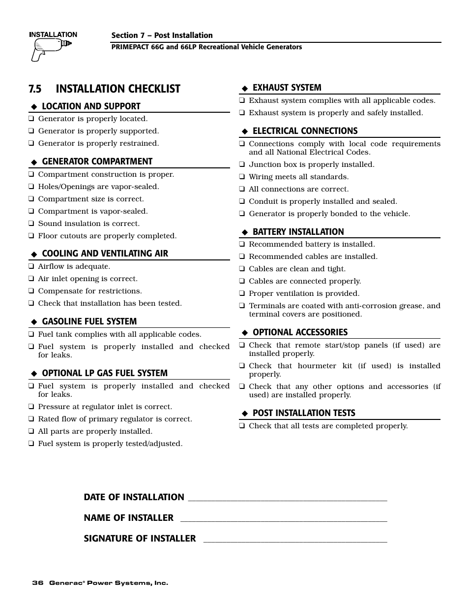 5 installation checklist | Generac Power Systems 009600-5 User Manual | Page 38 / 60