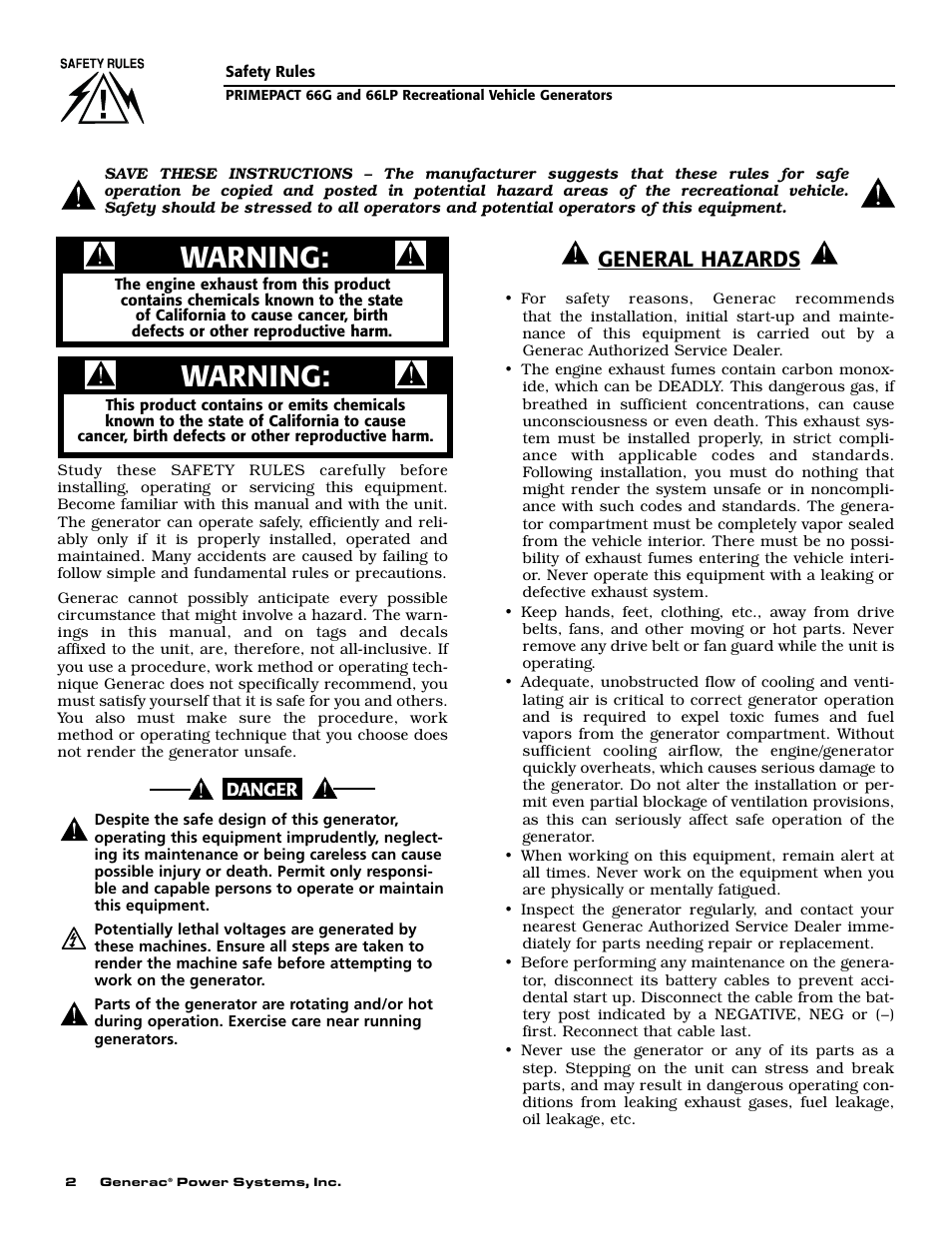 Warning, General hazards | Generac Power Systems 009600-5 User Manual | Page 4 / 60