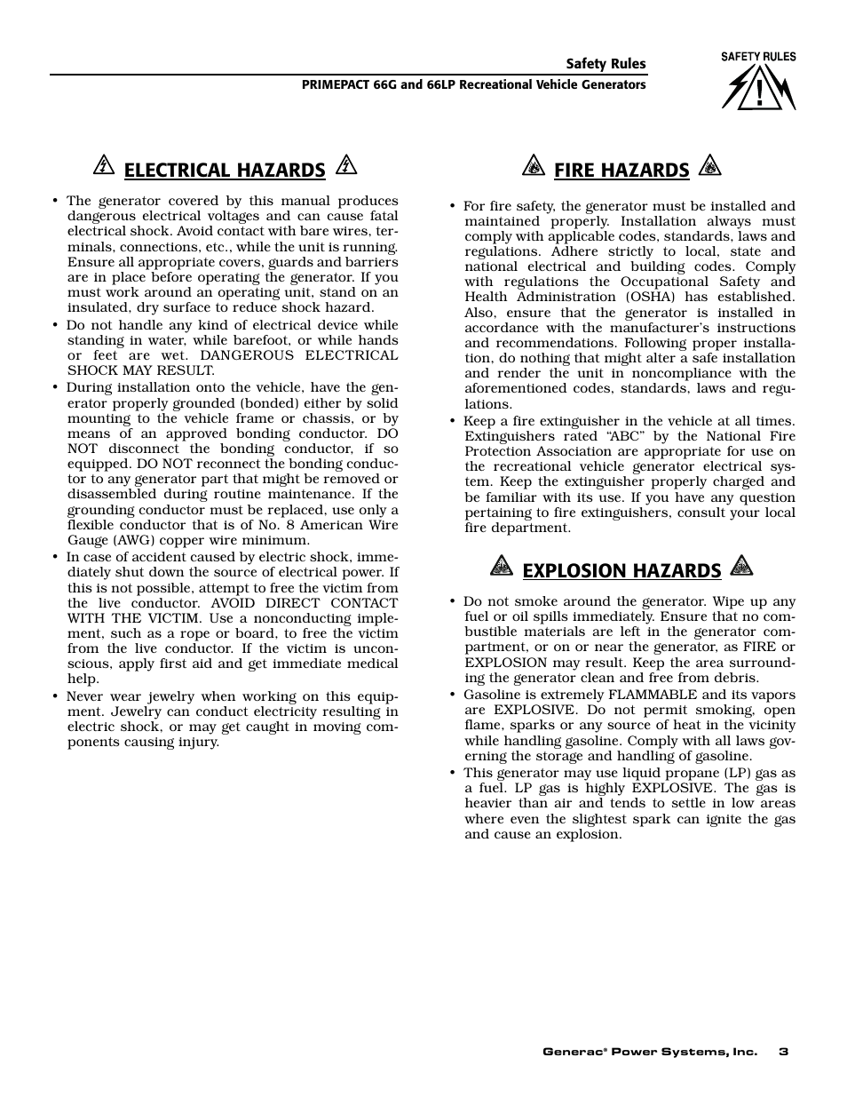 Electrical hazards, Fire hazards, Explosion hazards | Generac Power Systems 009600-5 User Manual | Page 5 / 60