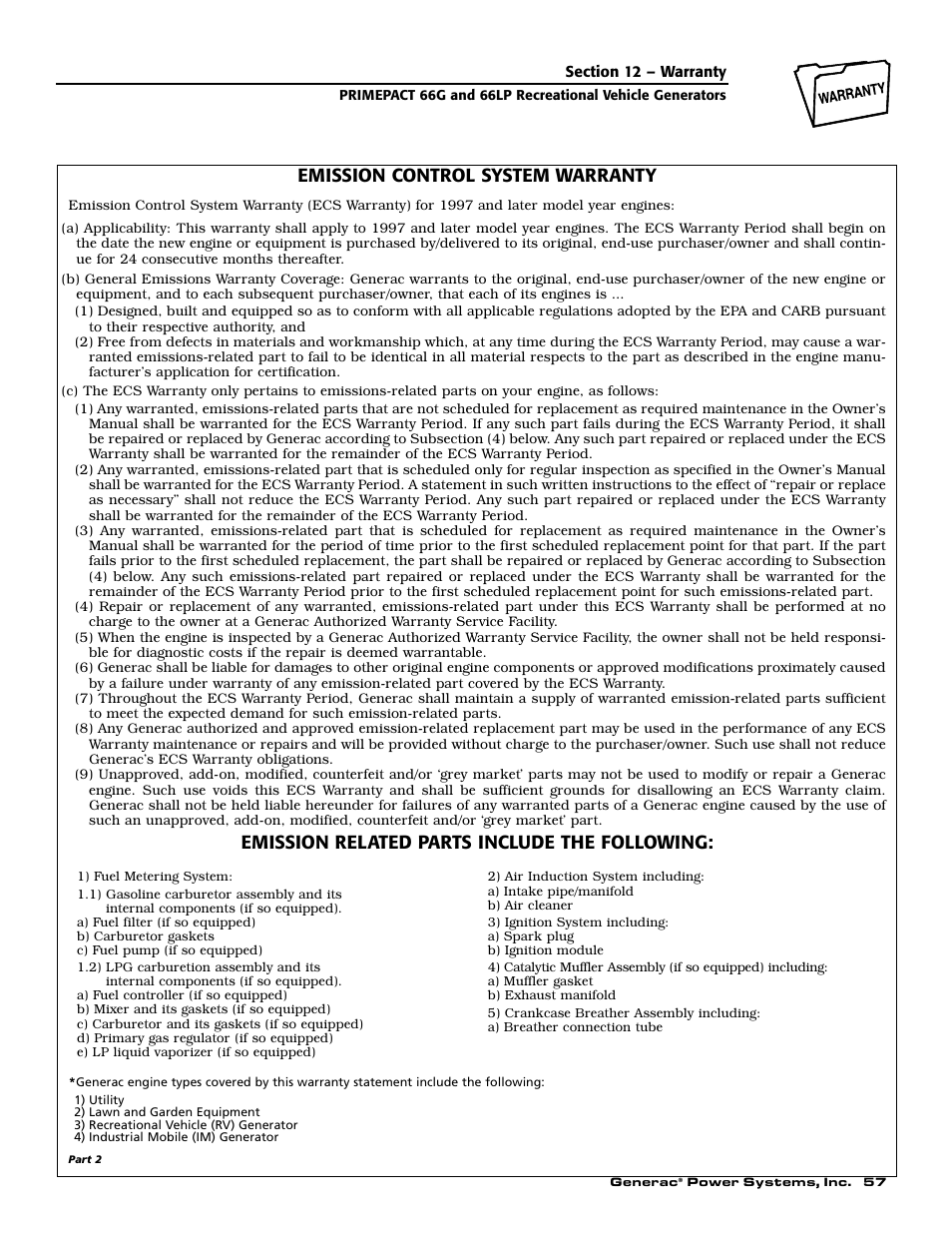 Emission control system warranty, Emission related parts include the following | Generac Power Systems 009600-5 User Manual | Page 59 / 60