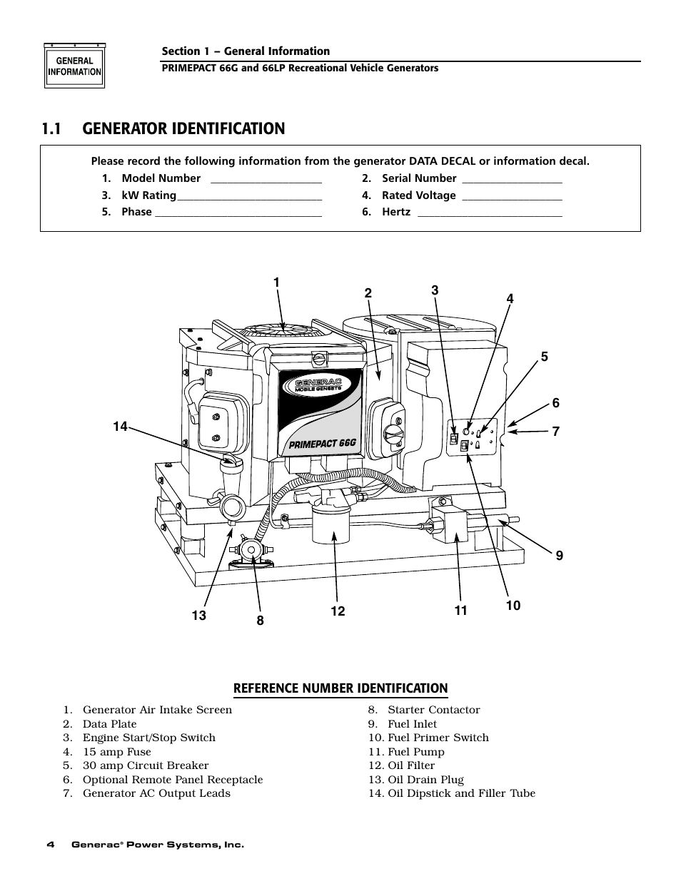 1 generator identification | Generac Power Systems 009600-5 User Manual | Page 6 / 60