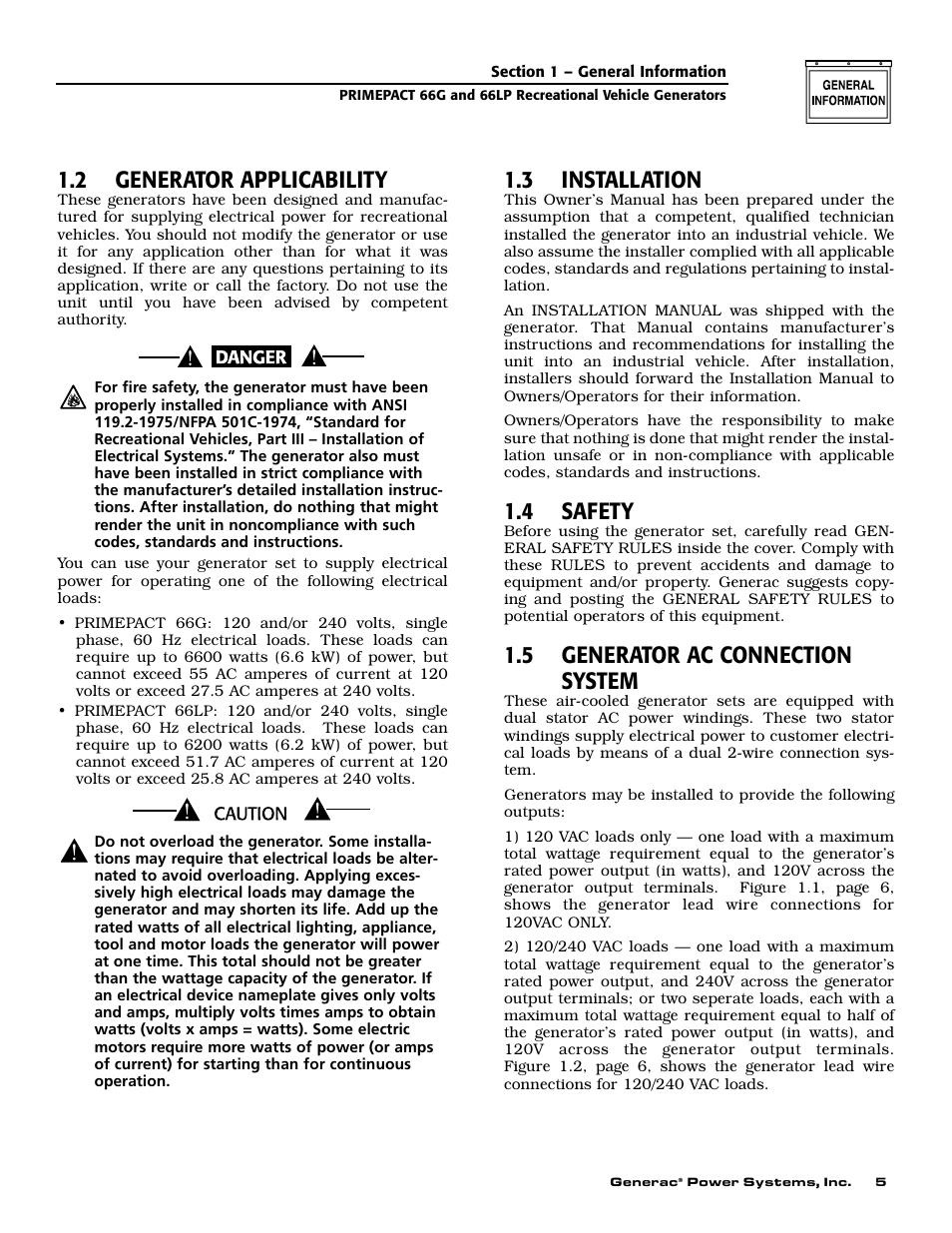 2 generator applicability, 3 installation, 4 safety | 5 generator ac connection system | Generac Power Systems 009600-5 User Manual | Page 7 / 60