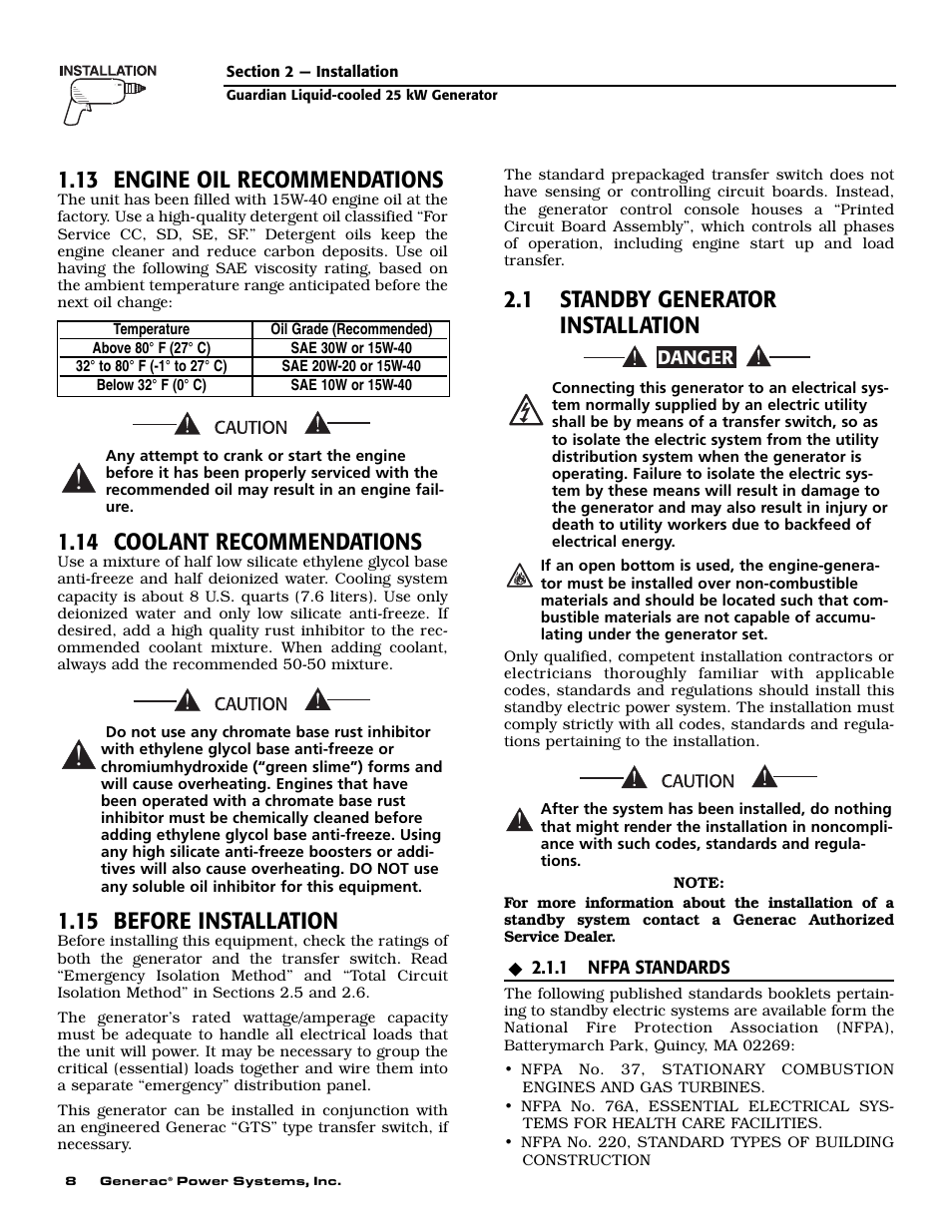 13 engine oil recommendations, 14 coolant recommendations, 15 before installation | 1 standby generator installation | Generac Power Systems GUARDIAN ELITE 005040-0 User Manual | Page 10 / 56