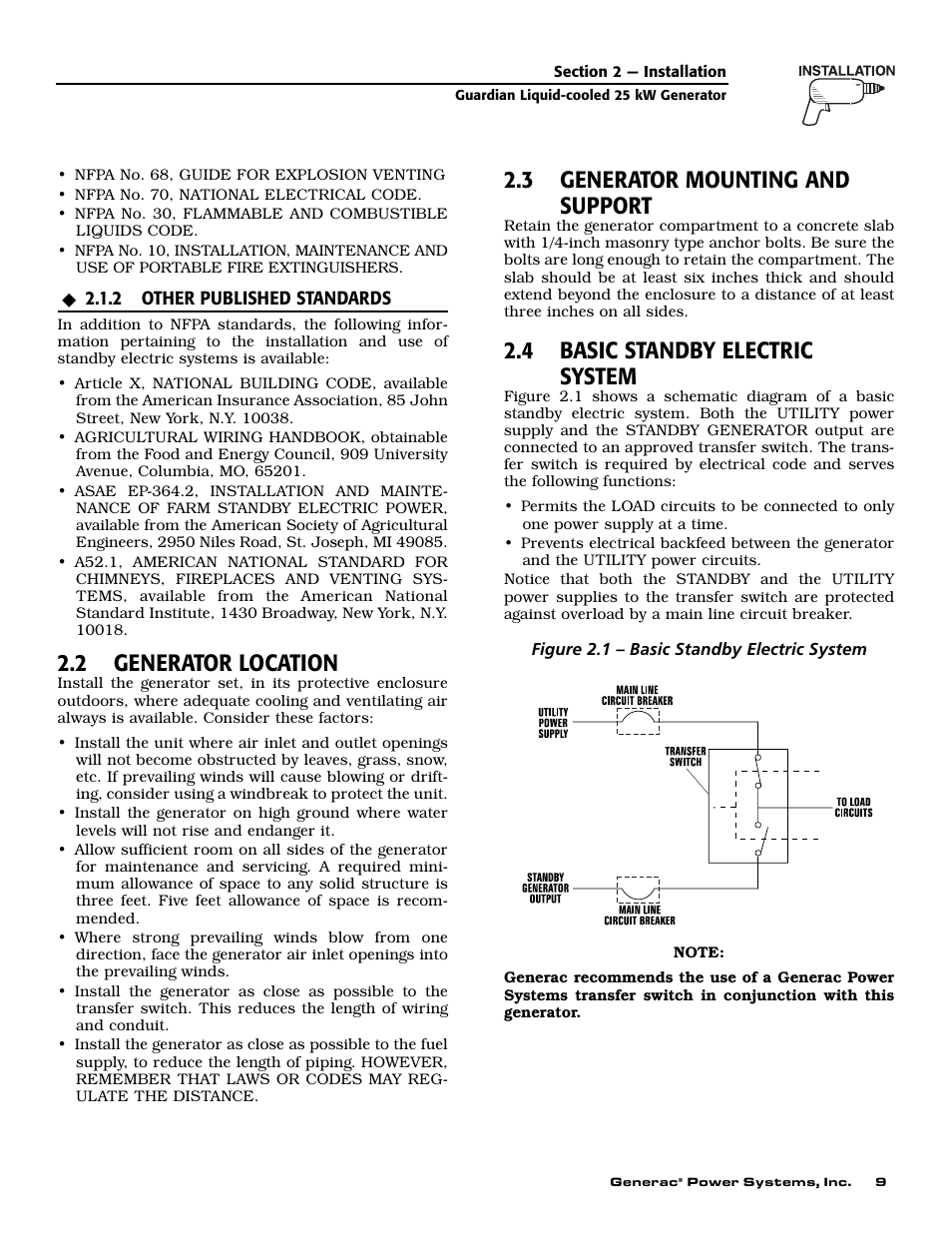 2 generator location, 3 generator mounting and support, 4 basic standby electric system | Generac Power Systems GUARDIAN ELITE 005040-0 User Manual | Page 11 / 56