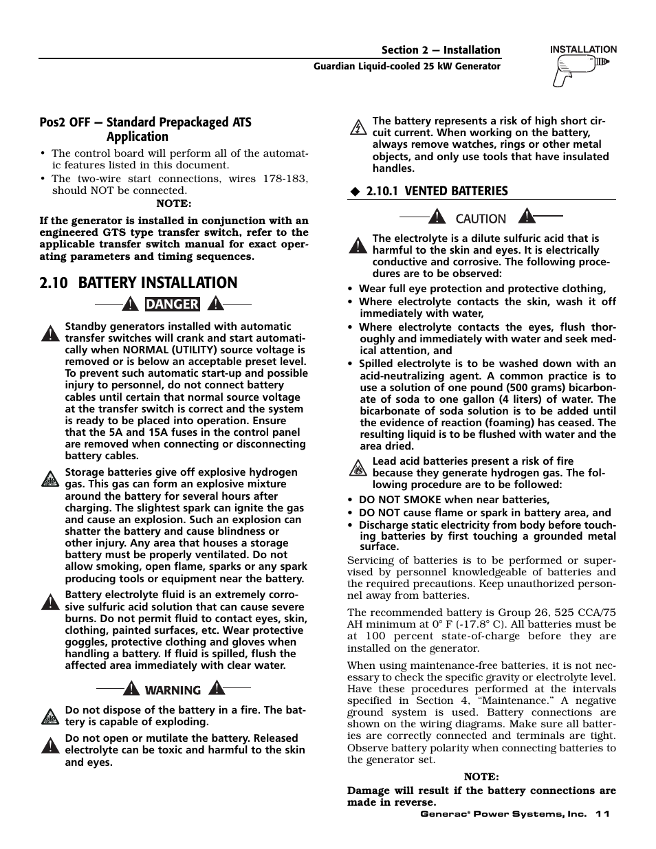 10 battery installation | Generac Power Systems GUARDIAN ELITE 005040-0 User Manual | Page 13 / 56