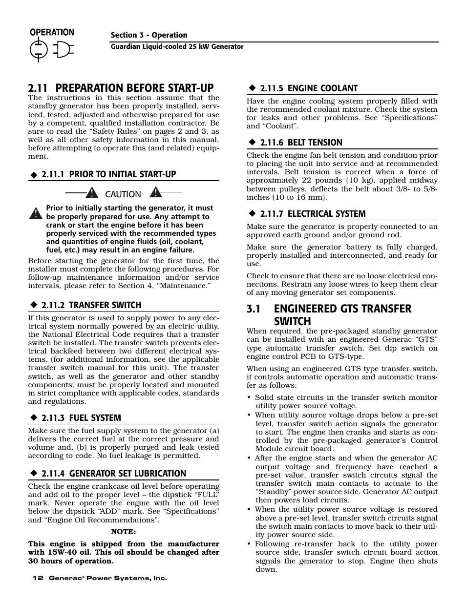 11 preparation before start-up, 1 engineered gts transfer switch | Generac Power Systems GUARDIAN ELITE 005040-0 User Manual | Page 14 / 56