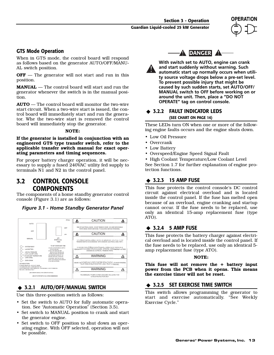 2 control console components, Danger, Gts mode operation | 1 auto/off/manual switch, 2 fault indicator leds, 3 15 amp fuse, 4 5 amp fuse, 5 set exercise time switch, Figure 3.1 - home standby generator panel | Generac Power Systems GUARDIAN ELITE 005040-0 User Manual | Page 15 / 56