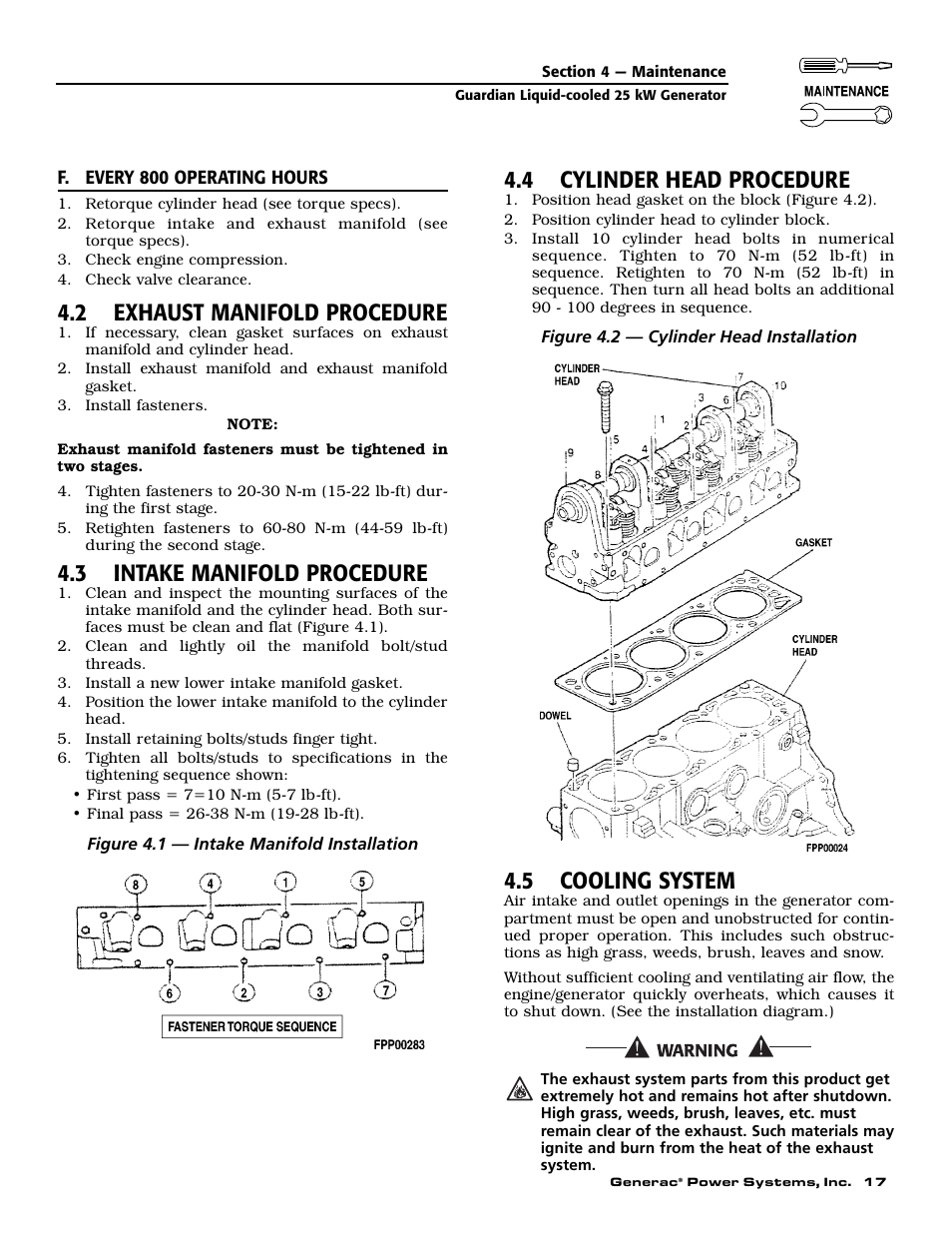 2 exhaust manifold procedure, 3 intake manifold procedure, 4 cylinder head procedure | 5 cooling system | Generac Power Systems GUARDIAN ELITE 005040-0 User Manual | Page 19 / 56