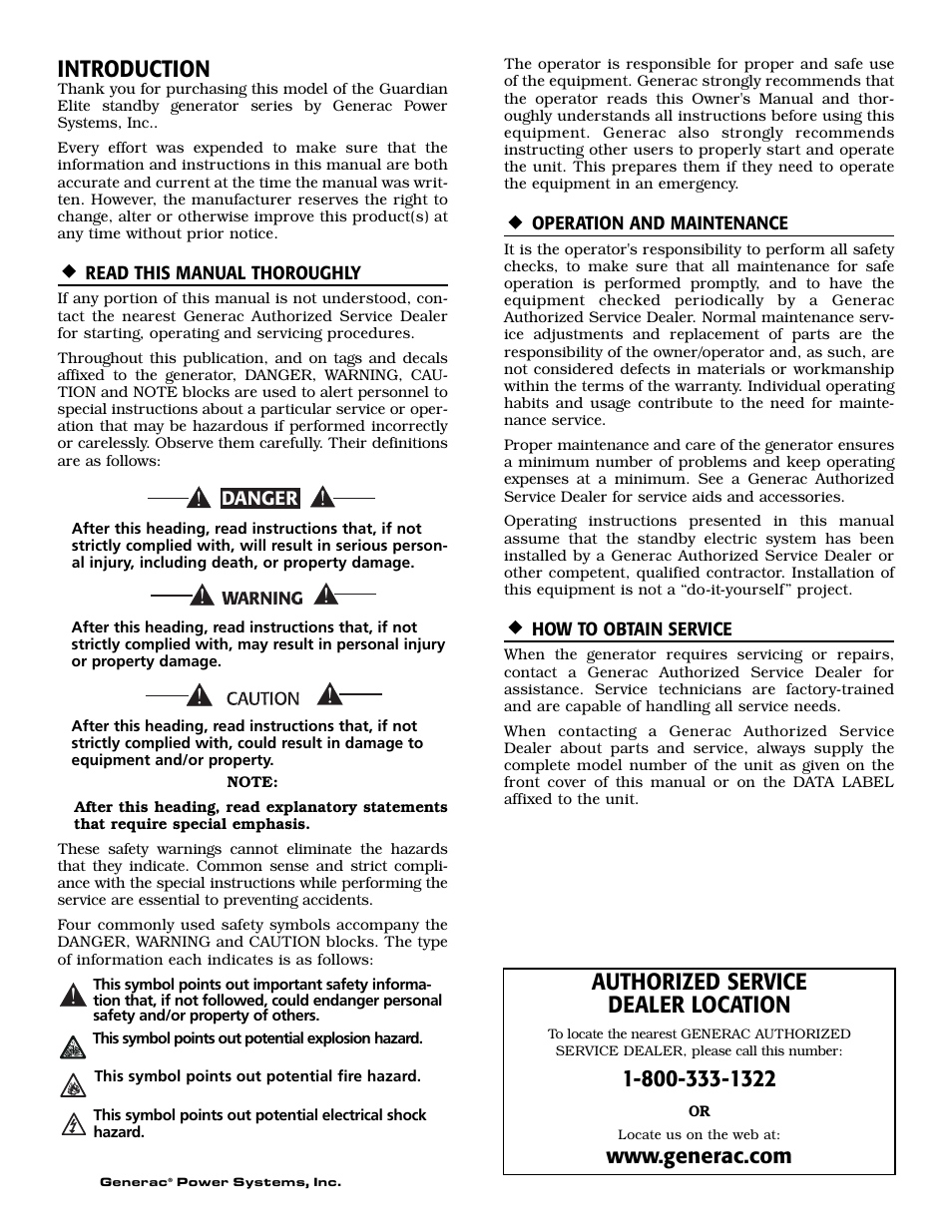 Introduction, Authorized service dealer location | Generac Power Systems GUARDIAN ELITE 005040-0 User Manual | Page 2 / 56