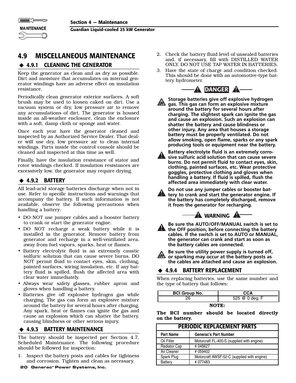9 miscellaneous maintenance, Danger | Generac Power Systems GUARDIAN ELITE 005040-0 User Manual | Page 22 / 56