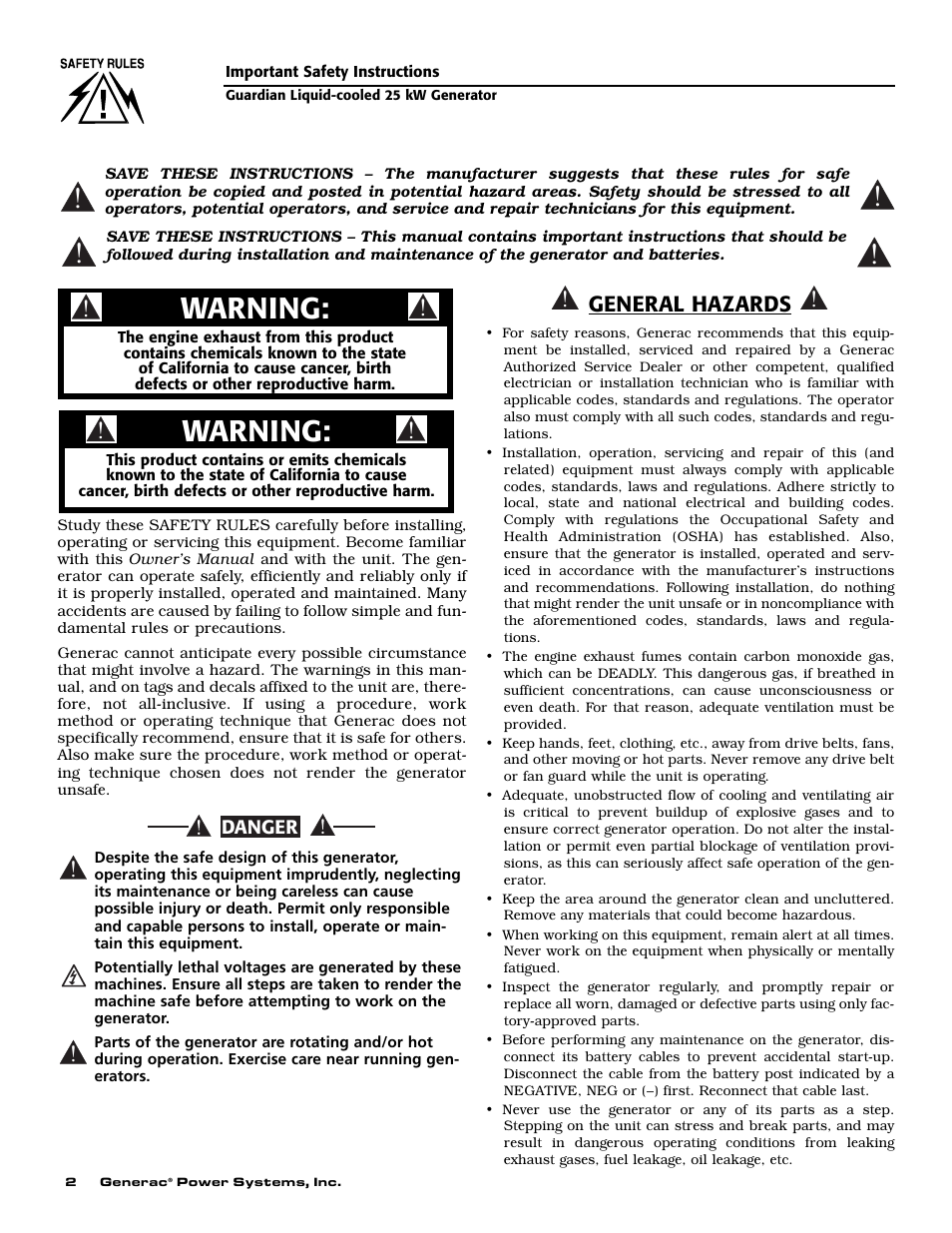 Warning, General hazards | Generac Power Systems GUARDIAN ELITE 005040-0 User Manual | Page 4 / 56