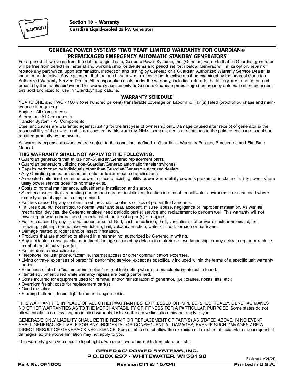 Generac Power Systems GUARDIAN ELITE 005040-0 User Manual | Page 56 / 56