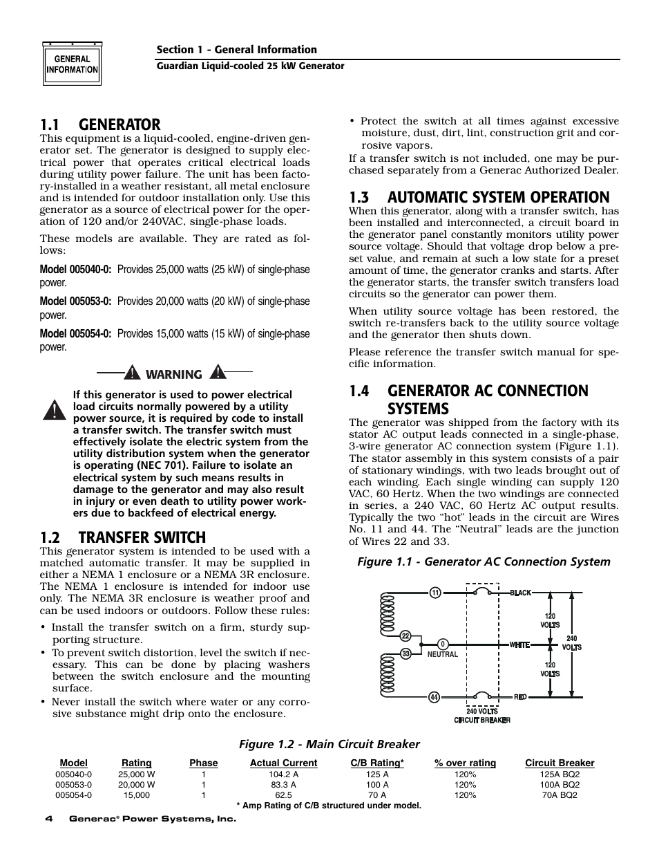 1 generator, 2 transfer switch, 3 automatic system operation | 4 generator ac connection systems | Generac Power Systems GUARDIAN ELITE 005040-0 User Manual | Page 6 / 56
