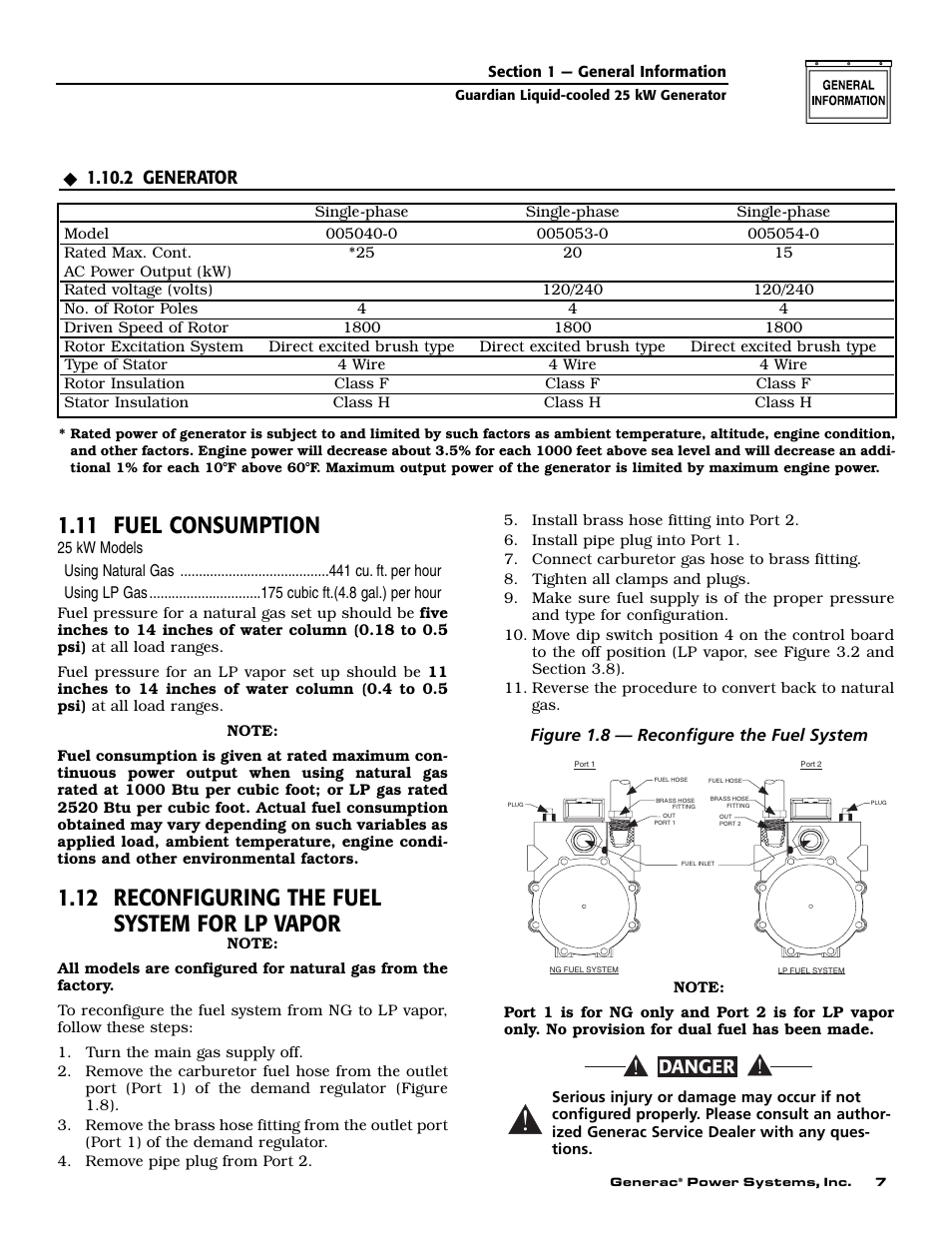 11 fuel consumption, 12 reconfiguring the fuel system for lp vapor, Danger | 2 generator | Generac Power Systems GUARDIAN ELITE 005040-0 User Manual | Page 9 / 56