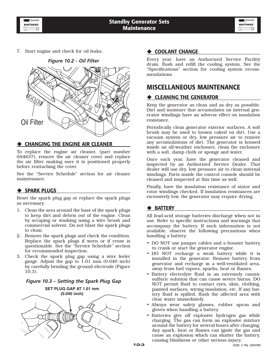 Oil filter, Miscellaneous maintenance | Generac Power Systems 005221-0 User Manual | Page 18 / 60