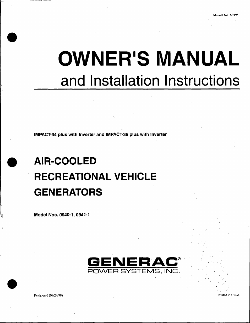 Generac Power Systems 0940-1 User Manual | 56 pages