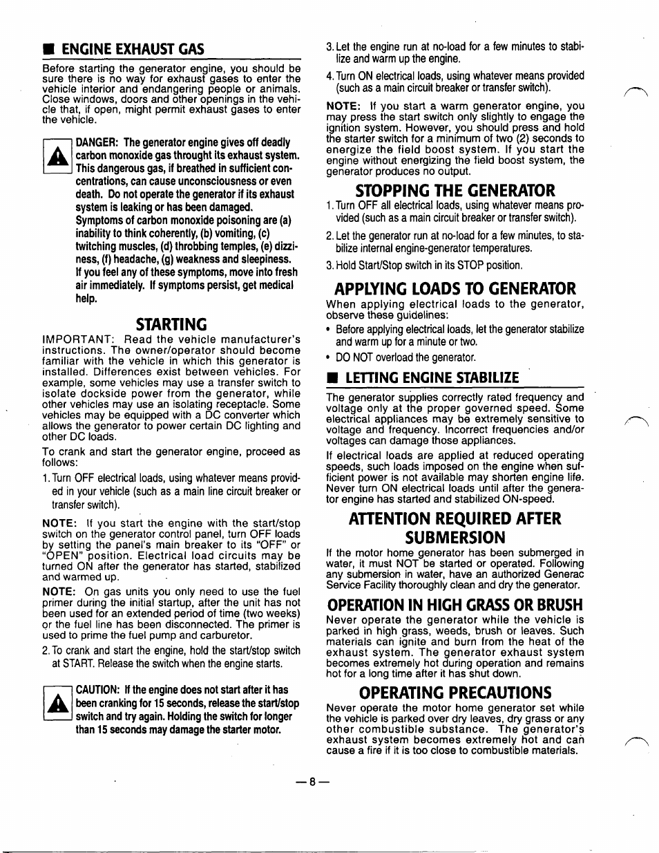 Starting, Stopping the generator, Applying loads to generator | Ahention required after submersion, Operation in high grass or brush, Operating precautions, Attention required after submersion | Generac Power Systems 0940-1 User Manual | Page 10 / 56