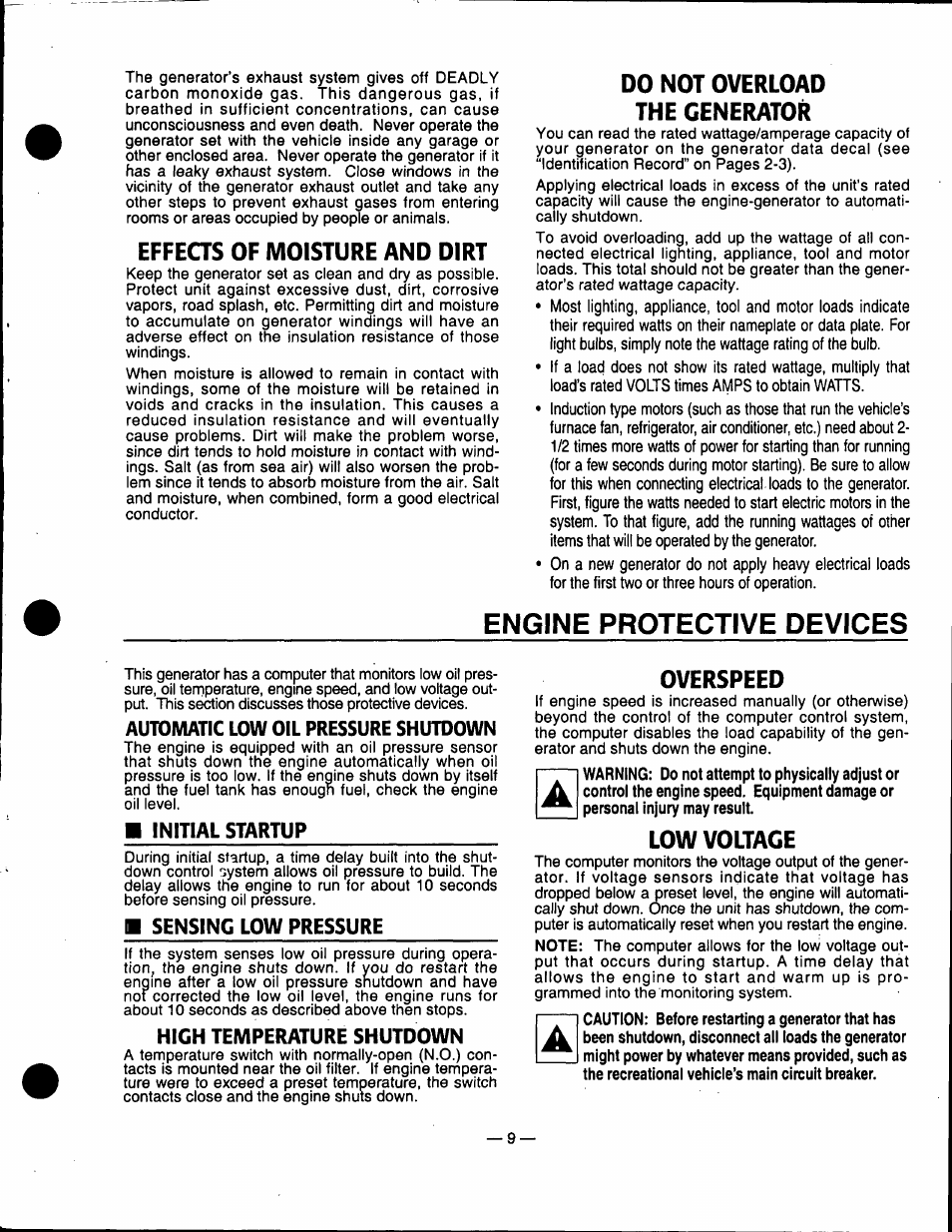 Effeqs of moisture and dirt, Do not overload the generator, Engine protective devices | Overspeed, Low voltage, Overspeed low voltage | Generac Power Systems 0940-1 User Manual | Page 11 / 56