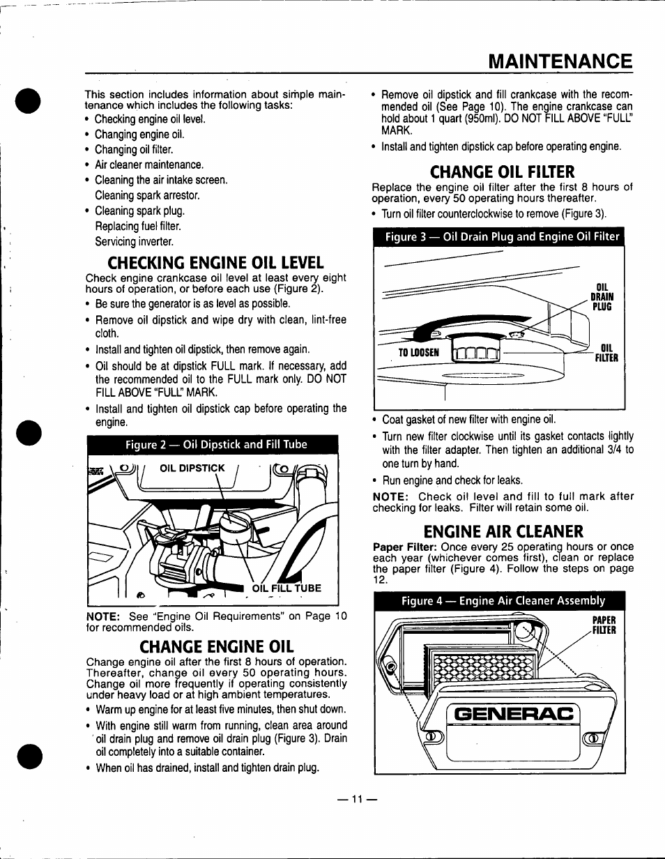 Checking engine oil level, Change engine oil, Change oil filter | Engine air cleaner, Change oil filter engine air cleaner -12, Maintenance | Generac Power Systems 0940-1 User Manual | Page 13 / 56