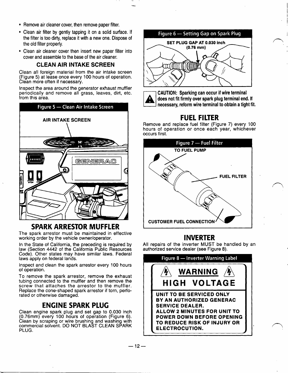 Spark arrestor muffler, Engine spark plug, Fuel filter | Engine spark plug fuel filter, Warning, High voltage | Generac Power Systems 0940-1 User Manual | Page 14 / 56