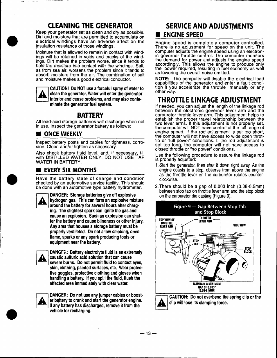 Cleaning the generator, Battery, Service and adjustments | Throttle linkage adjustment, Throttle linkage adjustment -14 | Generac Power Systems 0940-1 User Manual | Page 15 / 56
