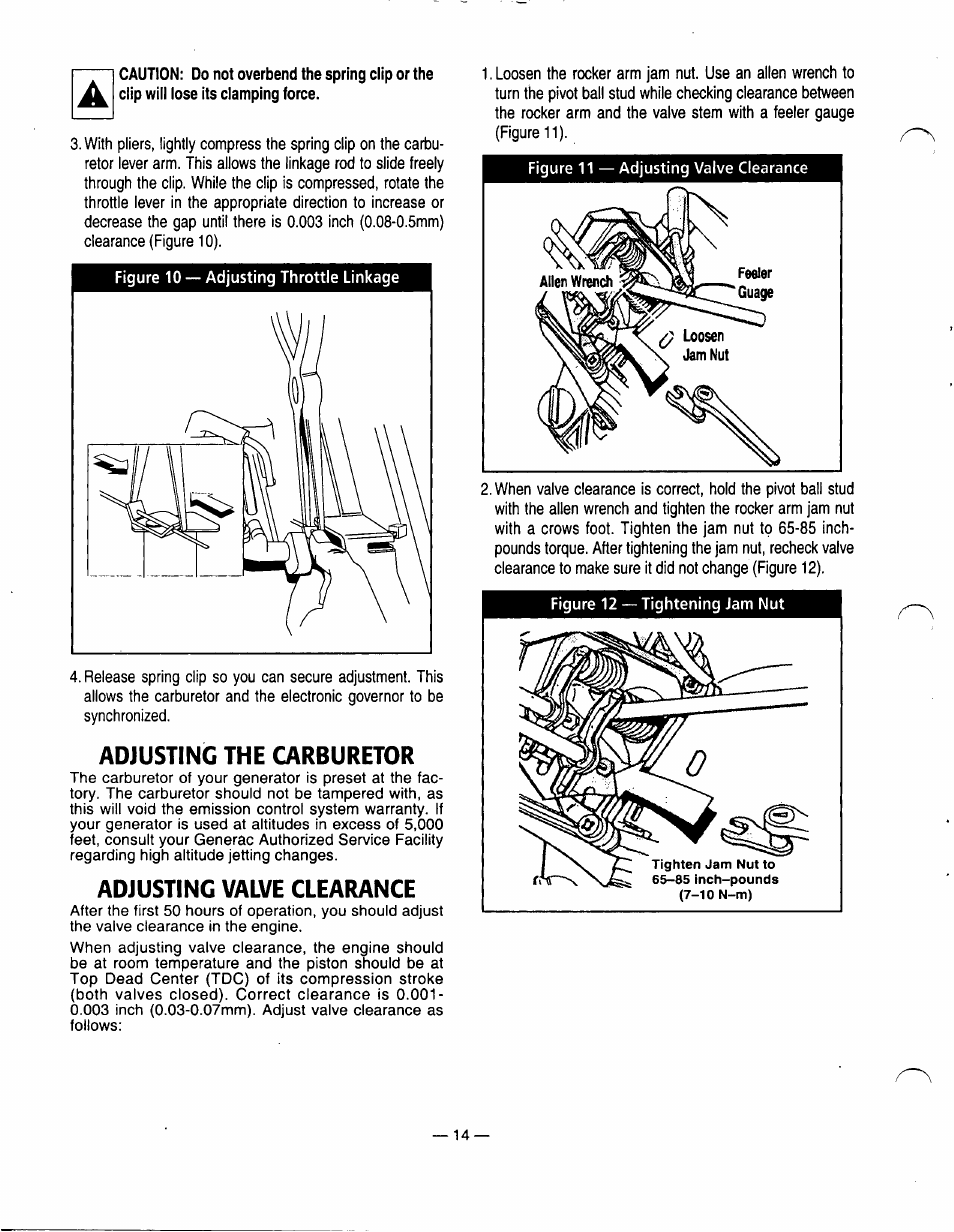 Adjusting the carburetor, Adjusting valve clearance | Generac Power Systems 0940-1 User Manual | Page 16 / 56