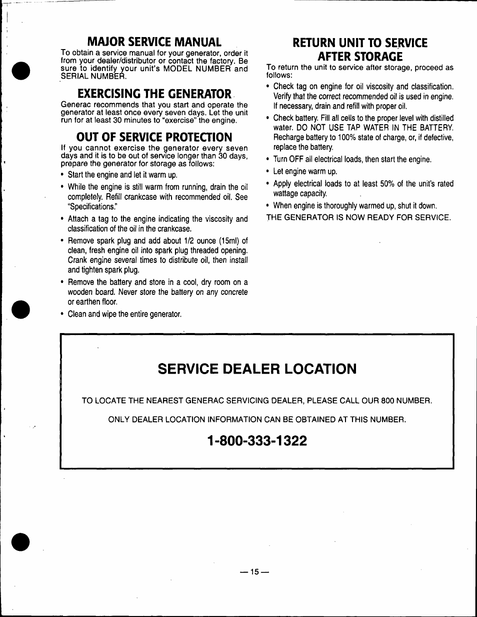 Major service manual, Exercising the generator, Out of service proteqion | Return unit to service after storage, Service dealer location | Generac Power Systems 0940-1 User Manual | Page 17 / 56
