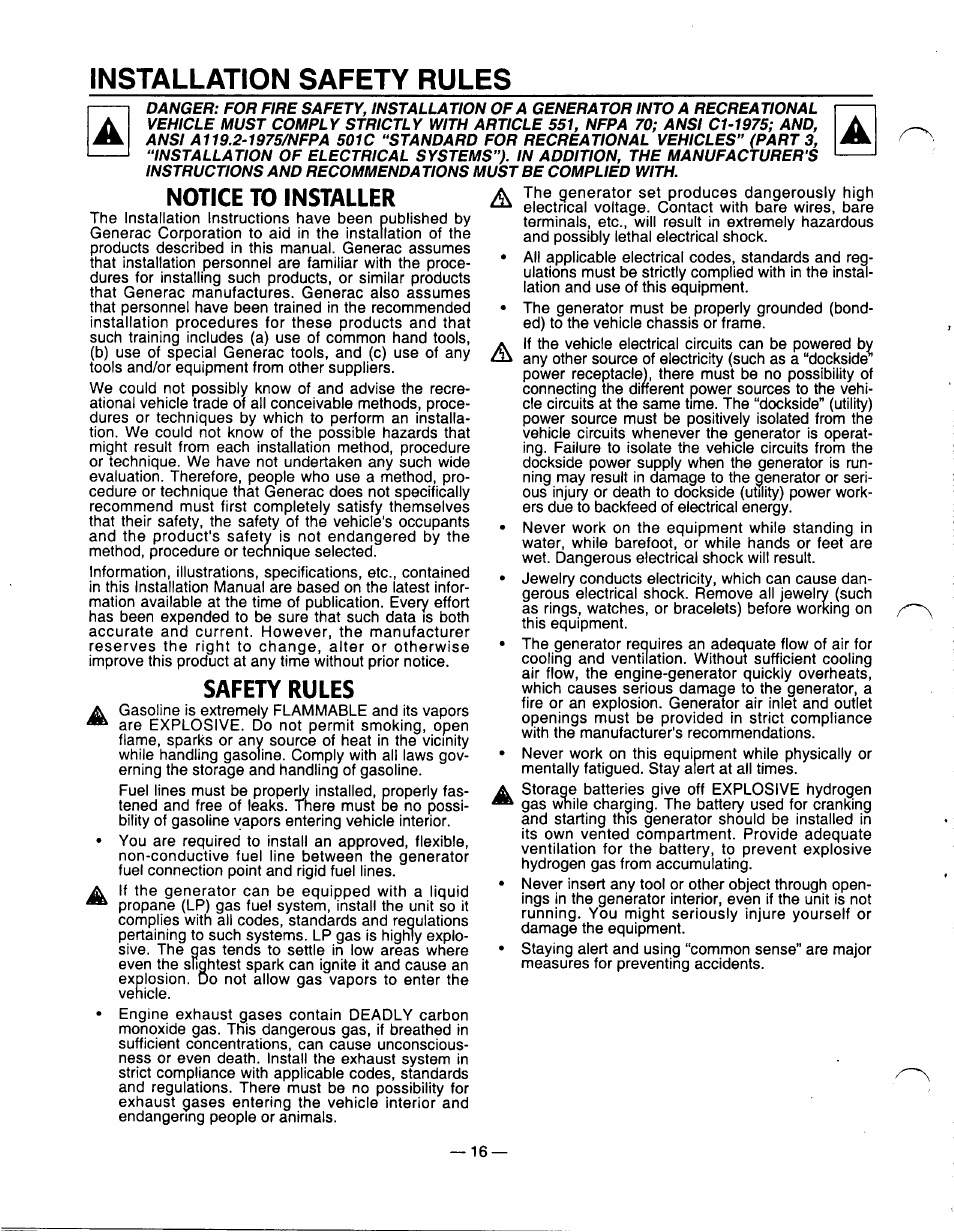 Installation safety rules, Notice to installer, Safety rules | Generac Power Systems 0940-1 User Manual | Page 18 / 56