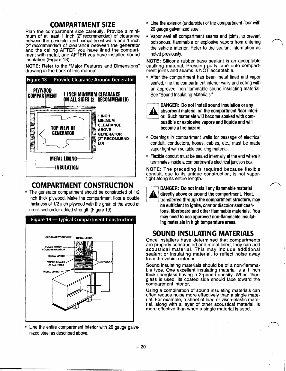 Compartment size, Compartment construction, Sound insulating materials | Generac Power Systems 0940-1 User Manual | Page 22 / 56