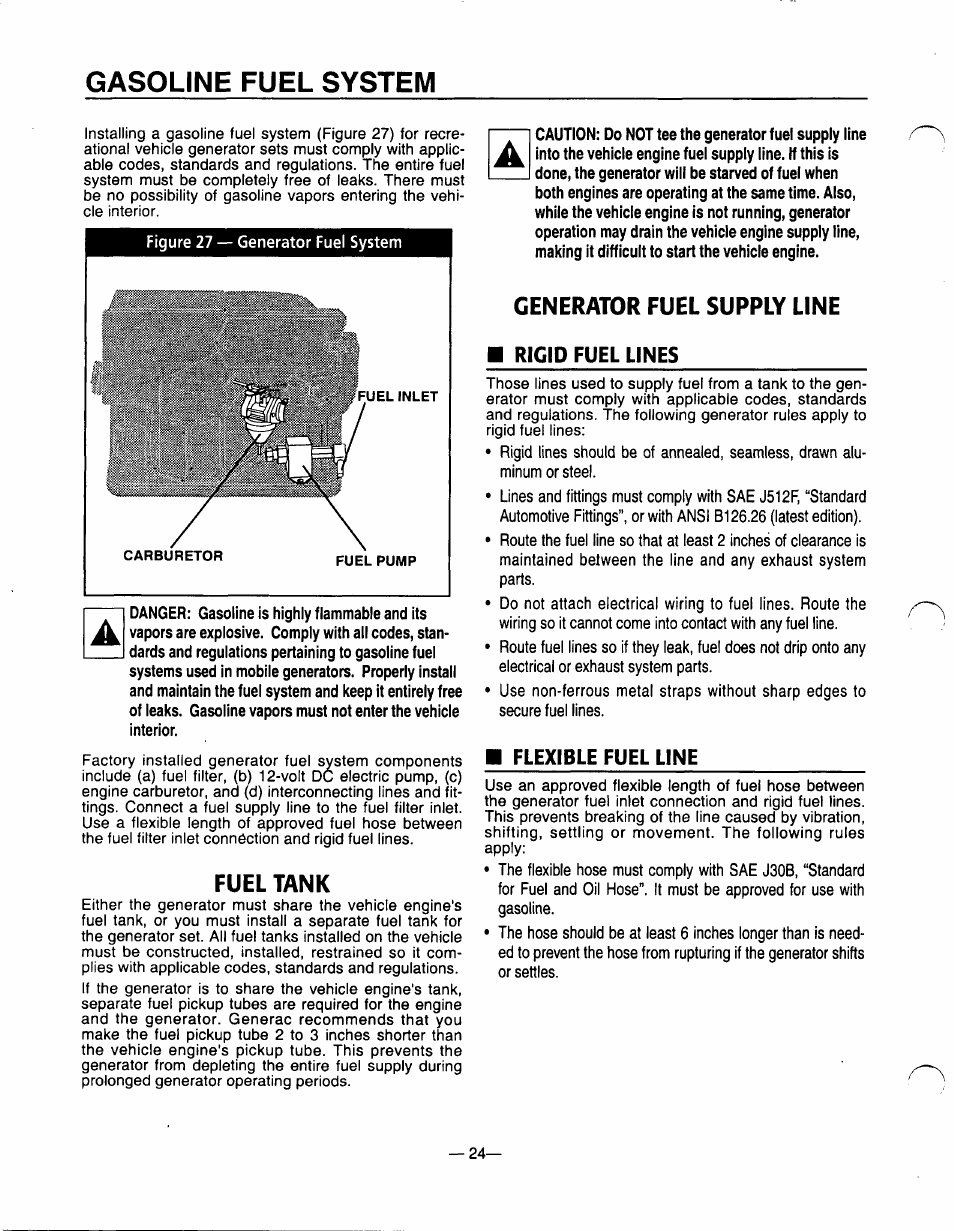 Gasoline fuel system, Fuel tank, Generator fuel supply line | Generac Power Systems 0940-1 User Manual | Page 26 / 56