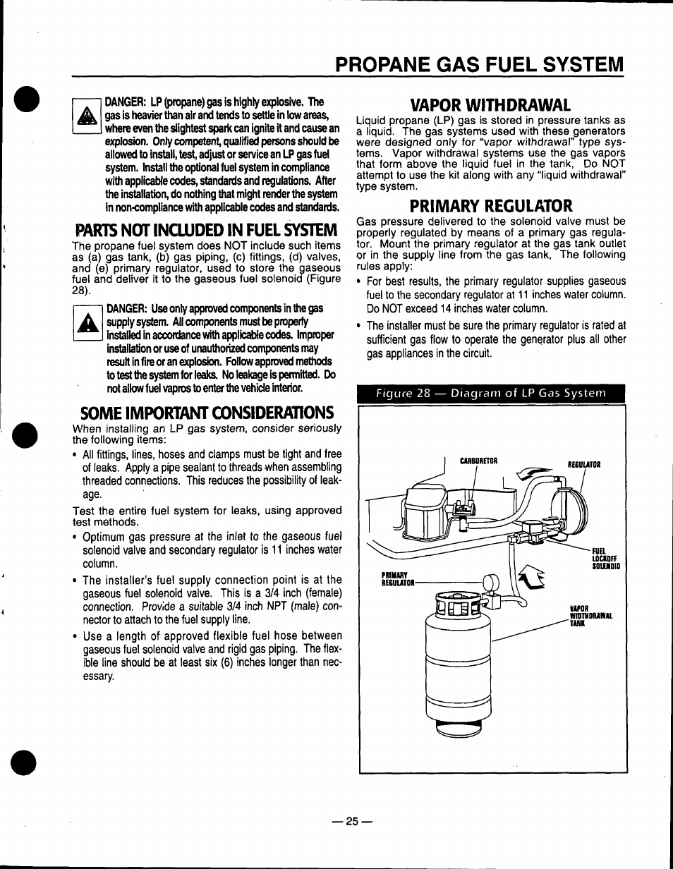 Propane gas fuel system, Paris not included in fuel system, Some important considerations | Vapor withdrawal, Primary regulator | Generac Power Systems 0940-1 User Manual | Page 27 / 56