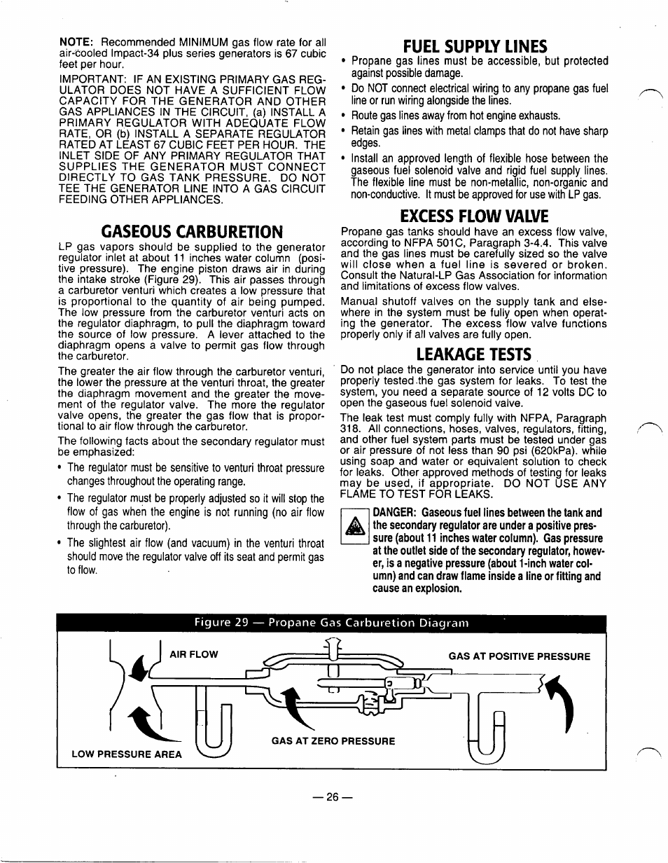 Gaseous carburetion, Fuel supply lines, Excess flow valve | Leakage tests, Fuel supply lines excess flow valve leakage tests | Generac Power Systems 0940-1 User Manual | Page 28 / 56