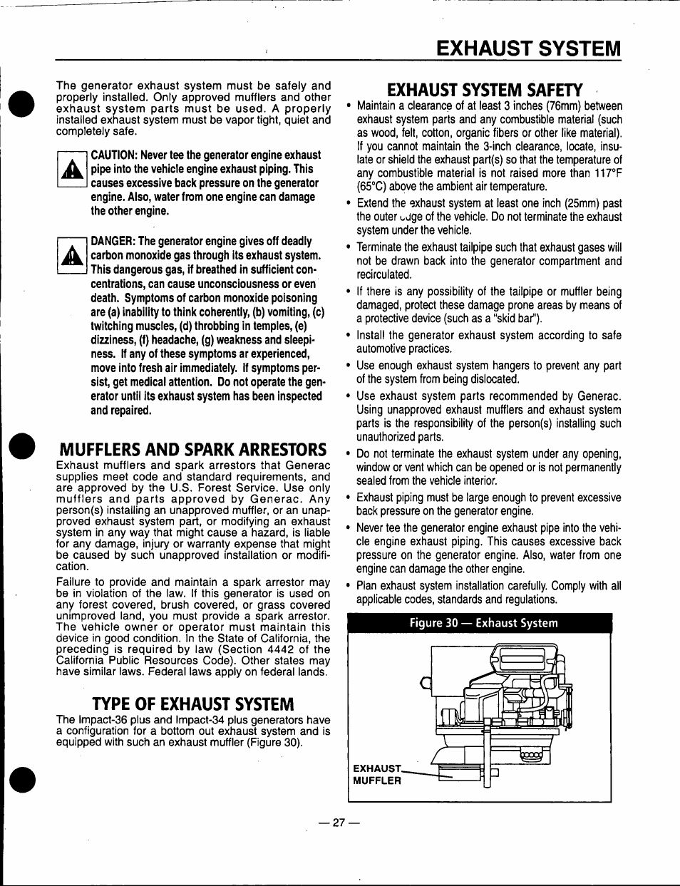 Mufflers and spark arrestors, Type of exhaust system, Exhaust system safety | Exhaust system | Generac Power Systems 0940-1 User Manual | Page 29 / 56