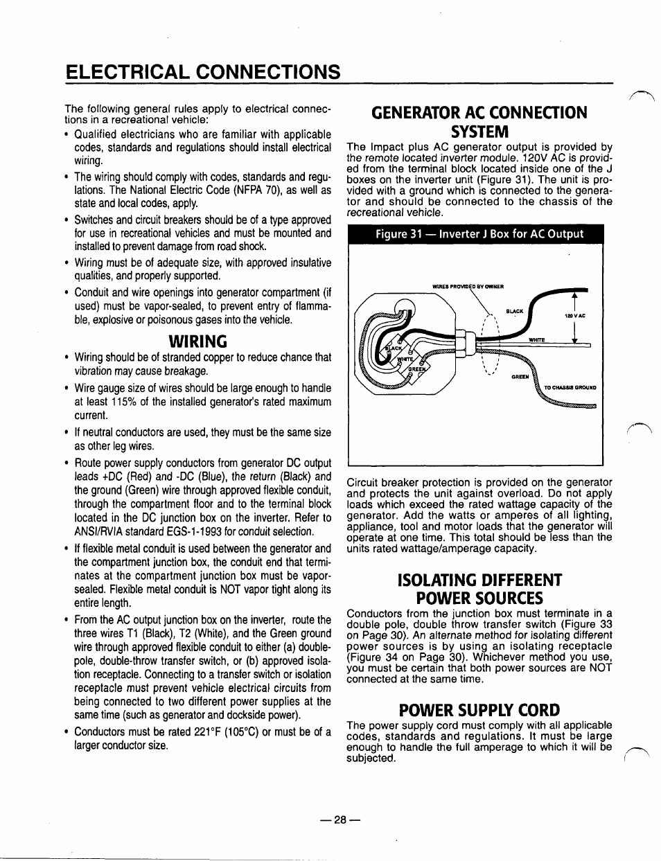 Wiring, Generator ac conneqion system, Isolating different power sources | Power supply cord, Isolating different power sources -30, Electrical connections | Generac Power Systems 0940-1 User Manual | Page 30 / 56