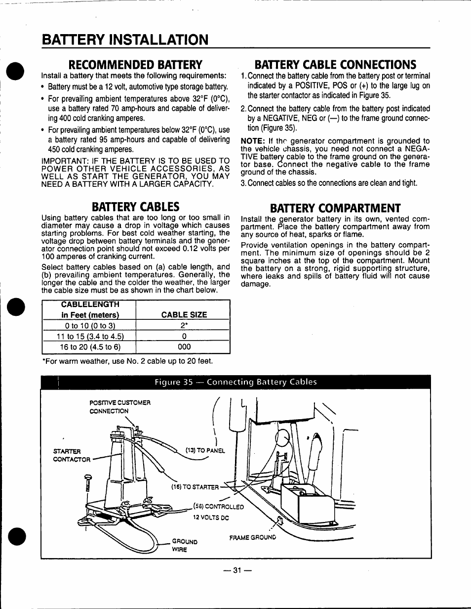 Recommended bahery, Bahery cable conneaions, Bahery cables | Bahery compartment, Battery installation | Generac Power Systems 0940-1 User Manual | Page 33 / 56