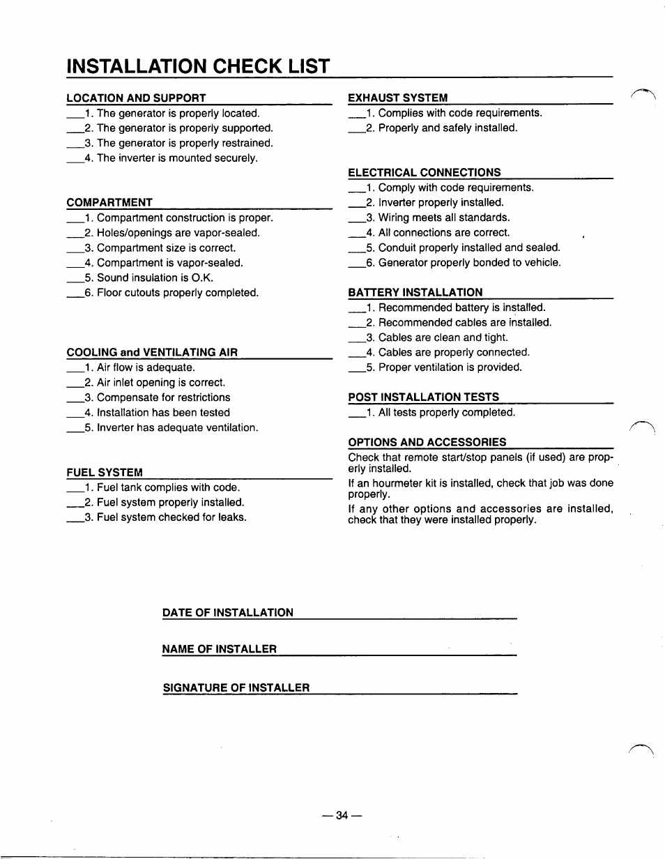 Installation check list | Generac Power Systems 0940-1 User Manual | Page 36 / 56