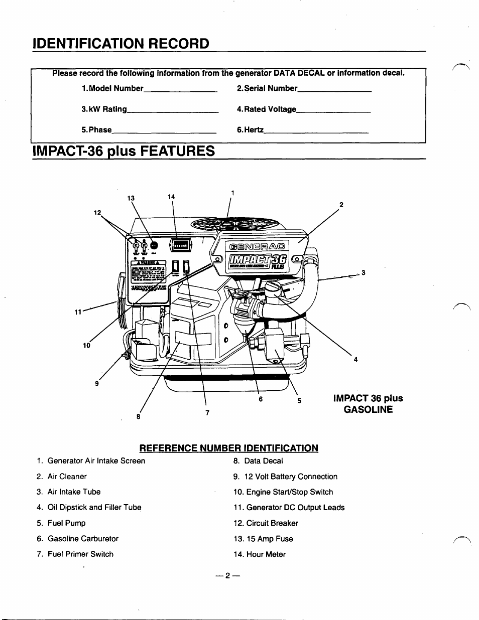 Impact-36 plus features, Identification record | Generac Power Systems 0940-1 User Manual | Page 4 / 56