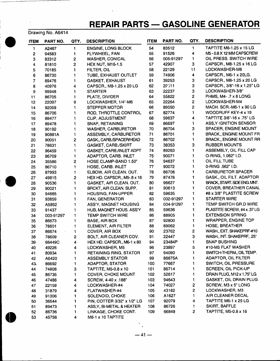 Repair parts — gasoline generator | Generac Power Systems 0940-1 User Manual | Page 43 / 56