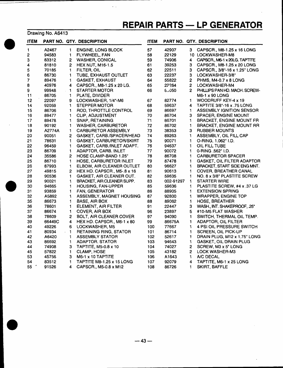 Repair parts — lp generator | Generac Power Systems 0940-1 User Manual | Page 45 / 56
