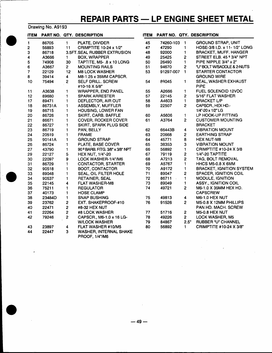 Repair parts — lp engine sheet metal | Generac Power Systems 0940-1 User Manual | Page 51 / 56