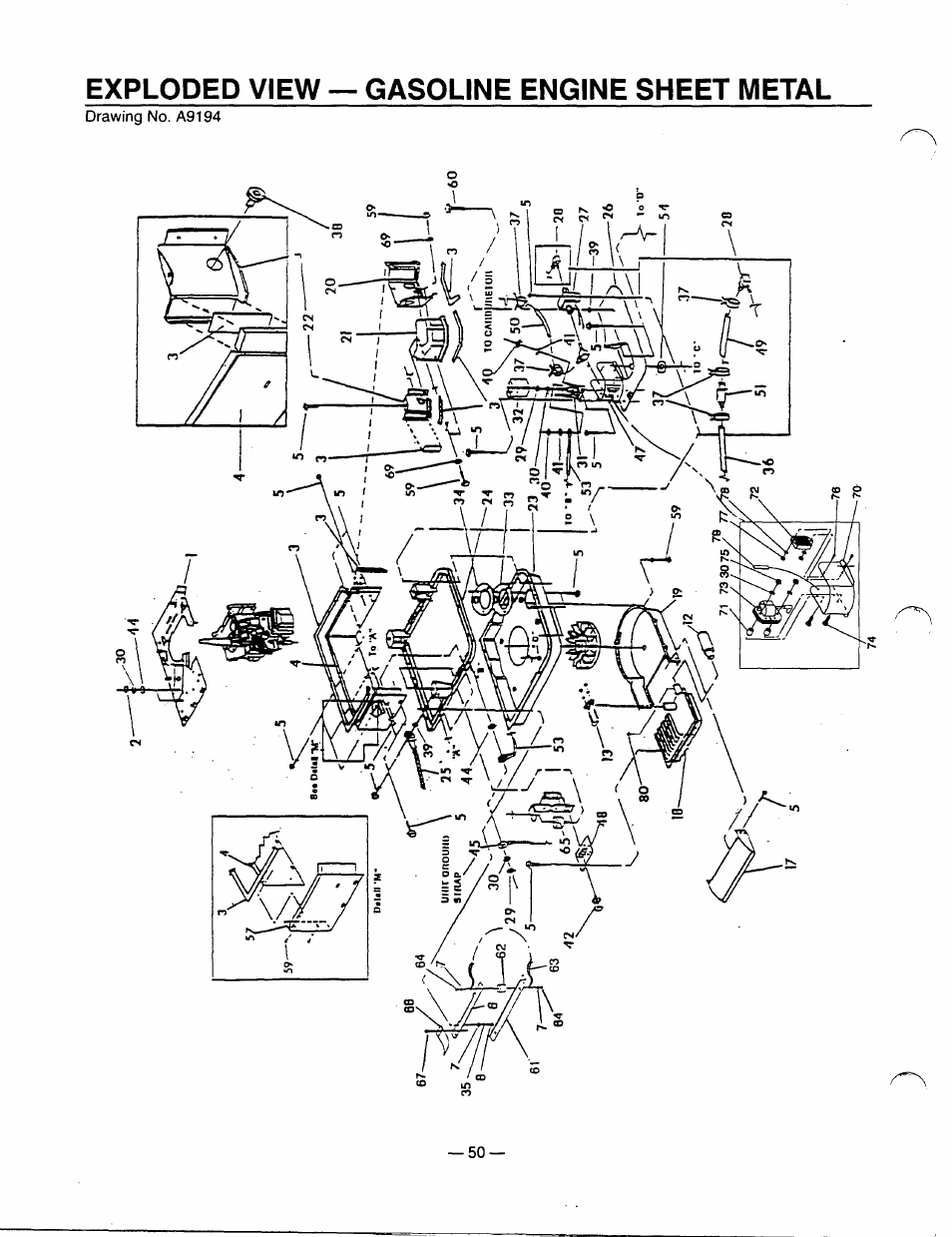 Exploded view — gasoline engine sheet metal | Generac Power Systems 0940-1 User Manual | Page 52 / 56
