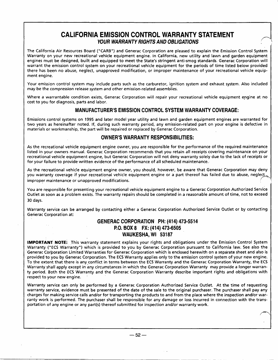 California emission control warranty statement, Owner's warranty responsibilities | Generac Power Systems 0940-1 User Manual | Page 54 / 56